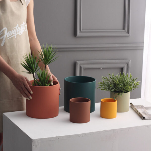 Nordic Industrial Style Colorful Ceramic Flowerpot Succulent Planter Green Plants Cylindrical Shape Flower Pot With Hole Tray - Image 2