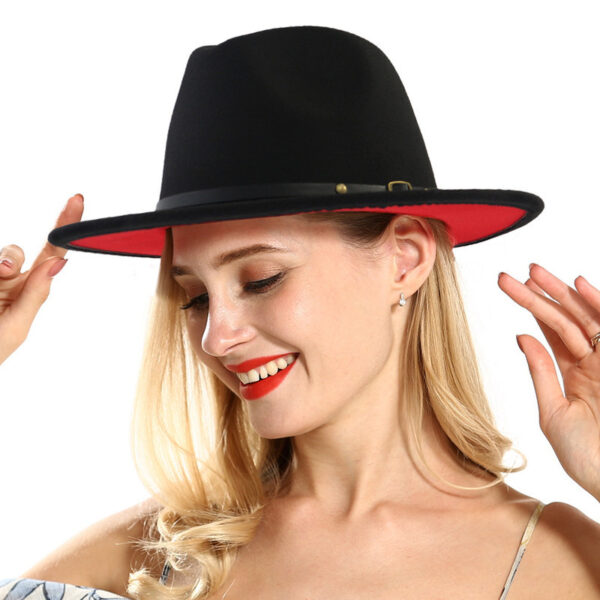 European And American Popular Woolen Top Color Matching Flat Brim Fedora Jazz Hat - Image 5