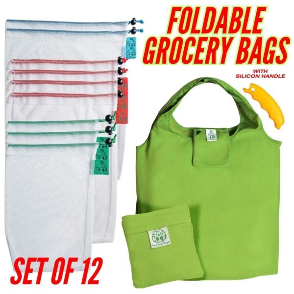 Reusable Grocery Shopping Tote Bag Fruit Veg Mesh Produce Bags With Drawstring - Image 2