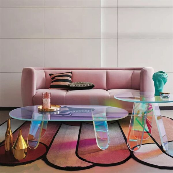 Acrylic Rainbow Color Coffee Table, Iridescent Glass End Table Round Side Table Modern Accent TV Table For Living Bed Room Decoration - Image 3