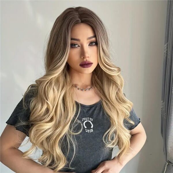 26 Inch Long Ash Blonde Wig With Bangs Natural Wavy Hair - Perfect For Daily Wear And Middle Part Style - Image 6