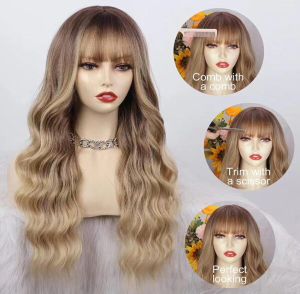 26 Inch Long Ash Blonde Wig With Bangs Natural Wavy Hair - Perfect For Daily Wear And Middle Part Style - Image 7