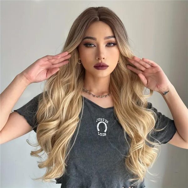 26 Inch Long Ash Blonde Wig With Bangs Natural Wavy Hair - Perfect For Daily Wear And Middle Part Style - Image 9