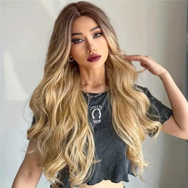 26 Inch Long Ash Blonde Wig With Bangs Natural Wavy Hair - Perfect For Daily Wear And Middle Part Style - Image 8