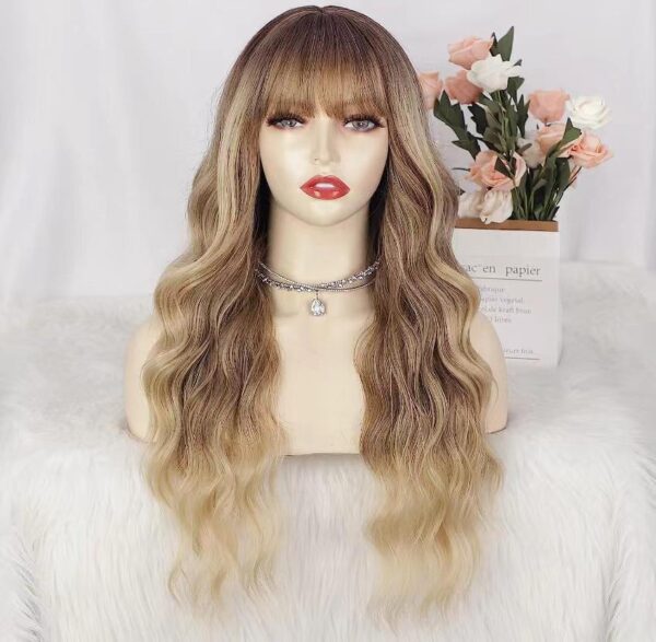 26 Inch Long Ash Blonde Wig With Bangs Natural Wavy Hair - Perfect For Daily Wear And Middle Part Style - Image 2