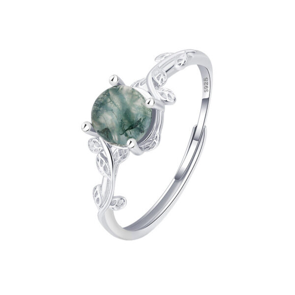 S925 Silver Green Moss Ring Water Plants Agate Stone Finger Ring - Image 4